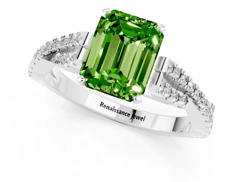White gold Emerald Cut Peridot Solitaire Engagement Ring with Twisted Pavé Band and Four-Prong Setting_1