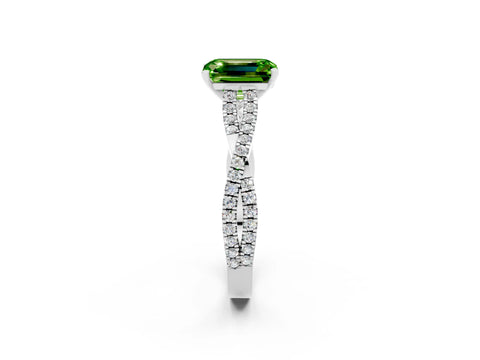 White gold Emerald Cut Peridot Solitaire Engagement Ring with Twisted Pavé Band and Four-Prong Setting_2