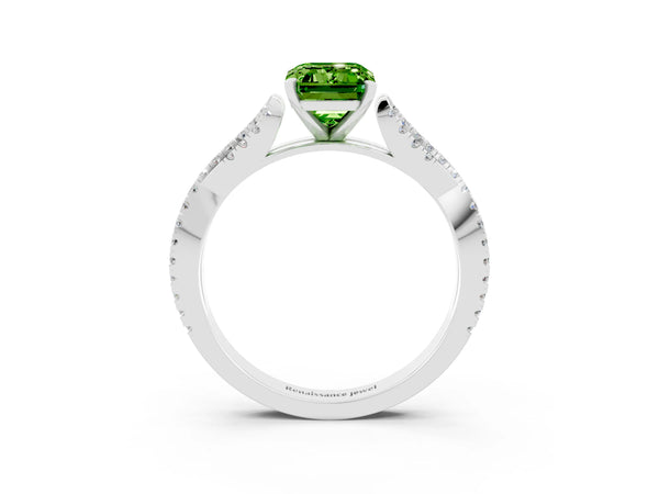 Platinum Emerald Cut Peridot Solitaire Engagement Ring with Twisted Pavé Band and Four-Prong Setting