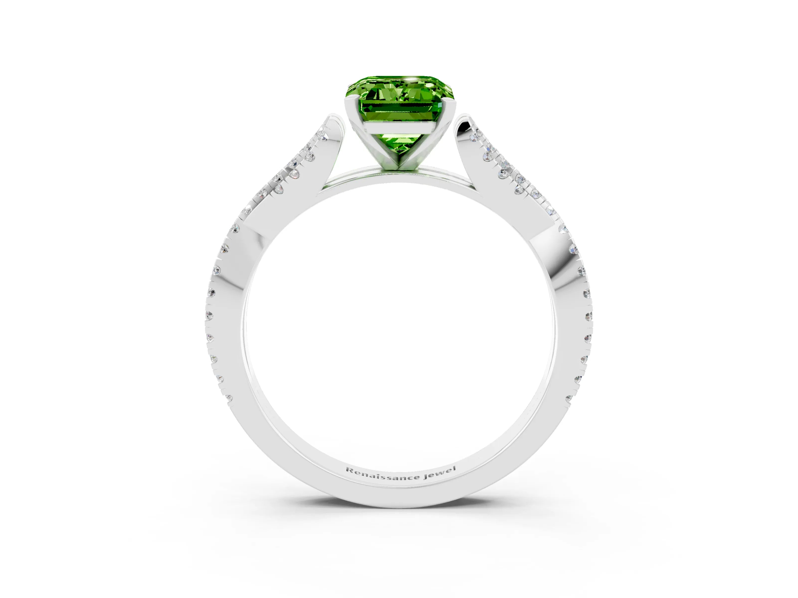 White gold Emerald Cut Peridot Solitaire Engagement Ring with Twisted Pavé Band and Four-Prong Setting_3