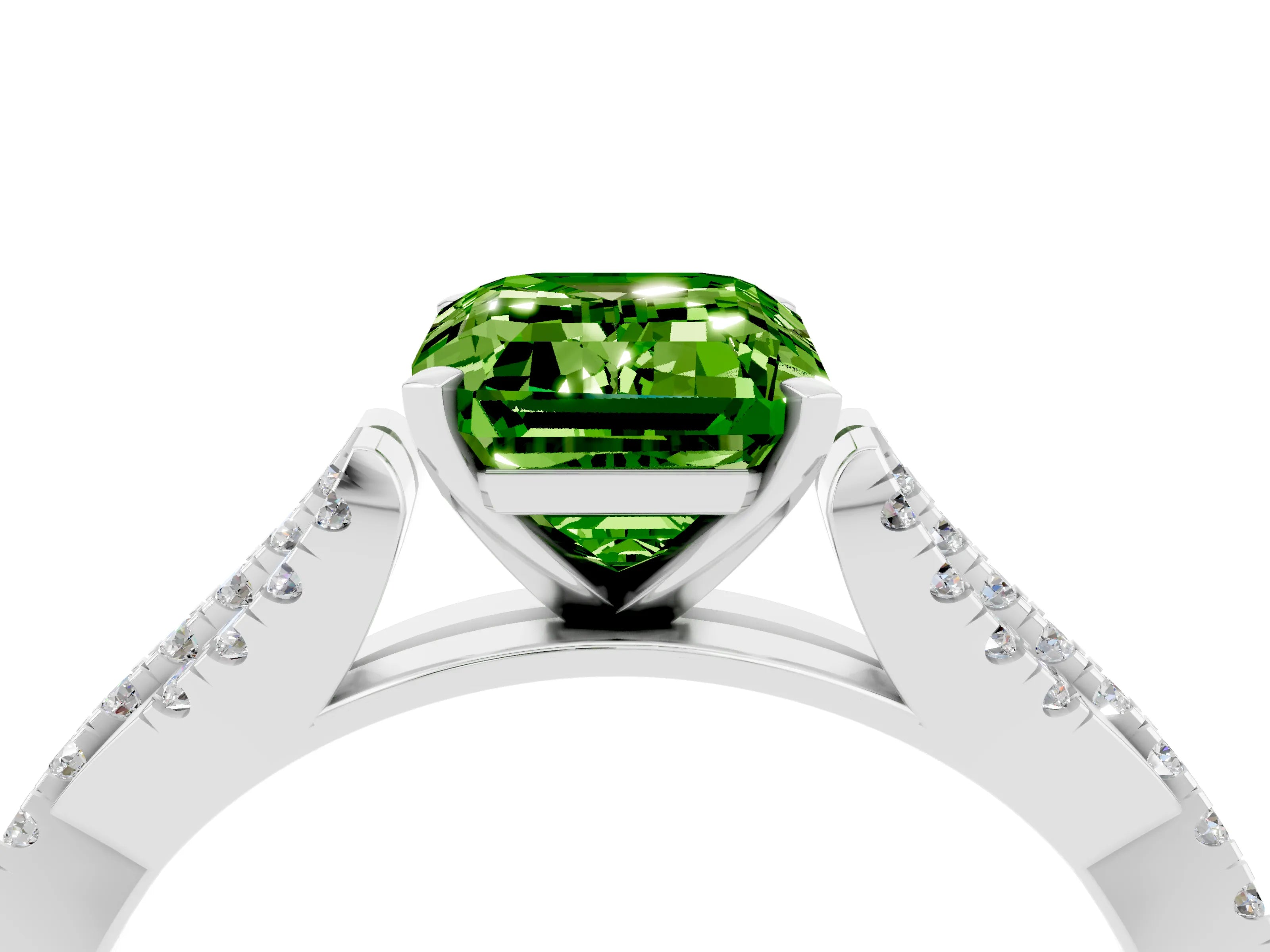 White gold Emerald Cut Peridot Solitaire Engagement Ring with Twisted Pavé Band and Four-Prong Setting_4