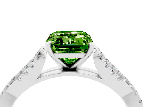 White gold Emerald Cut Peridot Solitaire Engagement Ring with Twisted Pavé Band and Four-Prong Setting_4