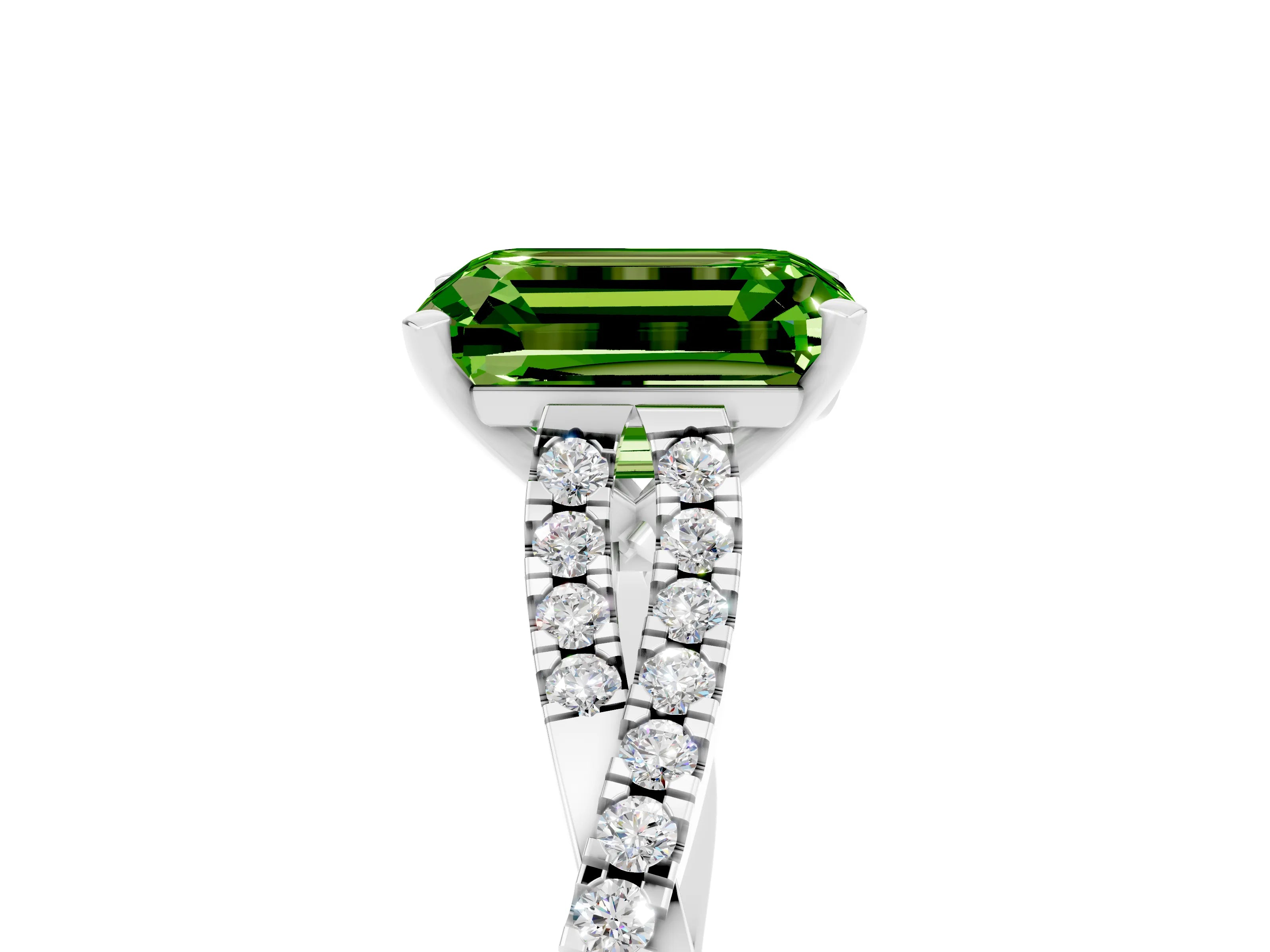 White gold Emerald Cut Peridot Solitaire Engagement Ring with Twisted Pavé Band and Four-Prong Setting_5