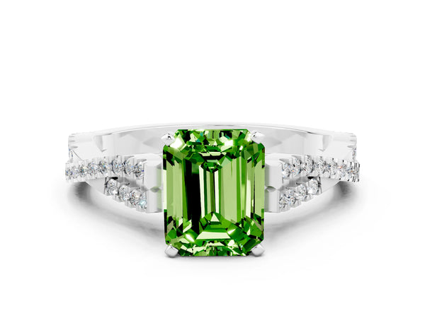 White gold Emerald Cut Peridot Solitaire Engagement Ring with Twisted Pavé Band and Four-Prong Setting