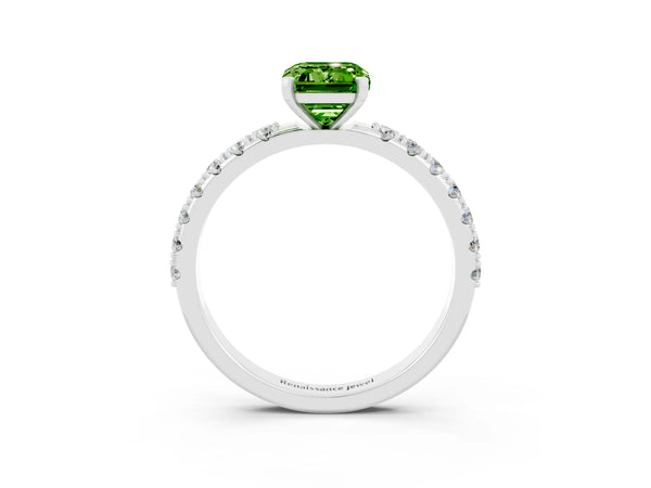 White gold Emerald Cut Peridot Solitaire Pavé Band with Four-Prong Setting