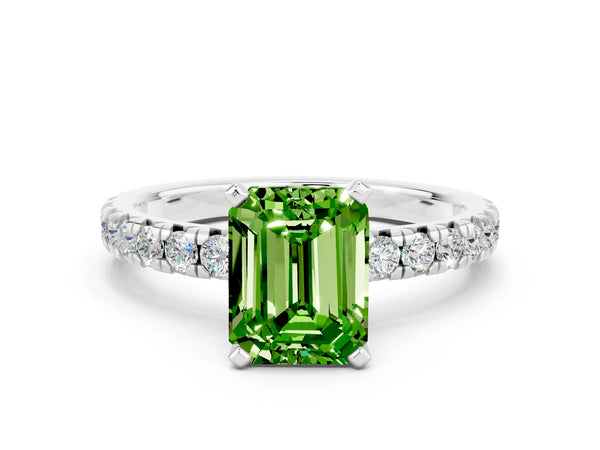 White gold Emerald Cut Peridot Solitaire Pavé Engagement Ring with Round Band and Prong Setting