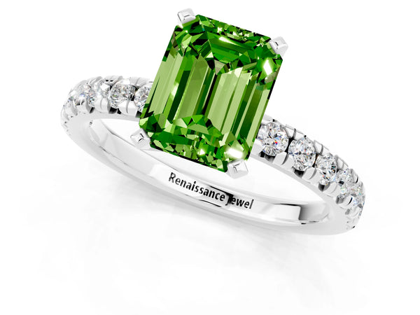 Platinum Emerald Cut Peridot Solitaire Pavé Engagement Ring with Round Band and Prong Setting