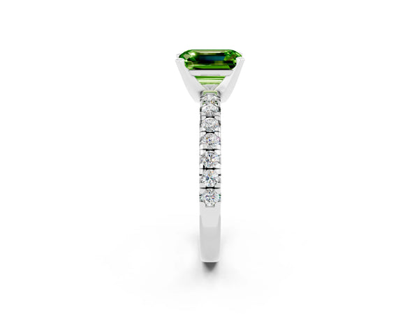 White gold Emerald Cut Peridot Solitaire Pavé Engagement Ring with Round Band and Prong Setting