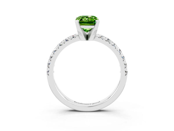 White gold Emerald Cut Peridot Solitaire Pavé Engagement Ring with Round Band and Prong Setting