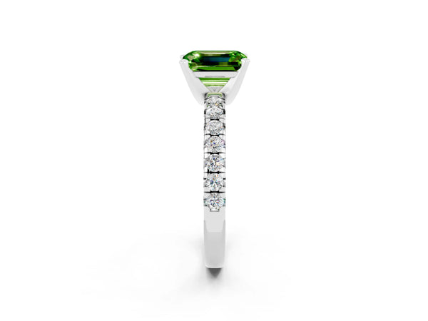 Platinum Emerald Cut Peridot Solitaire Pavé Engagement Ring with Round Band and Prong Setting