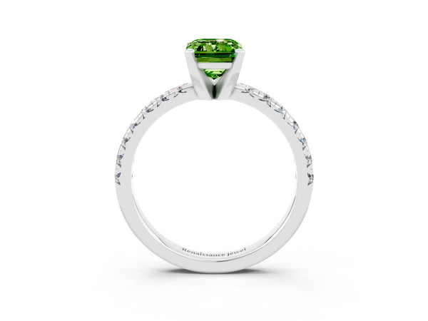 Platinum Emerald Cut Peridot Solitaire Pavé Engagement Ring with Round Band and Prong Setting