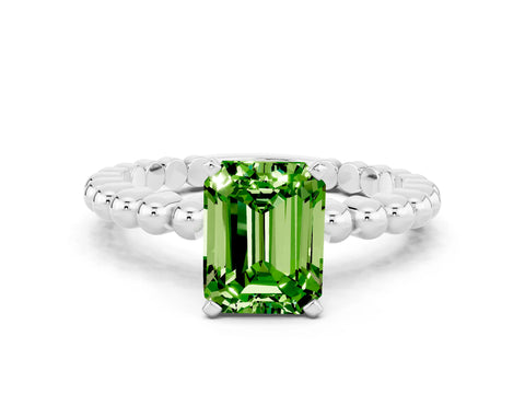 White gold Emerald Cut Peridot Solitaire Ring with Beaded Band and Prong Setting_12