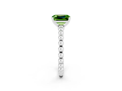 White gold Emerald Cut Peridot Solitaire Ring with Beaded Band and Prong Setting_14