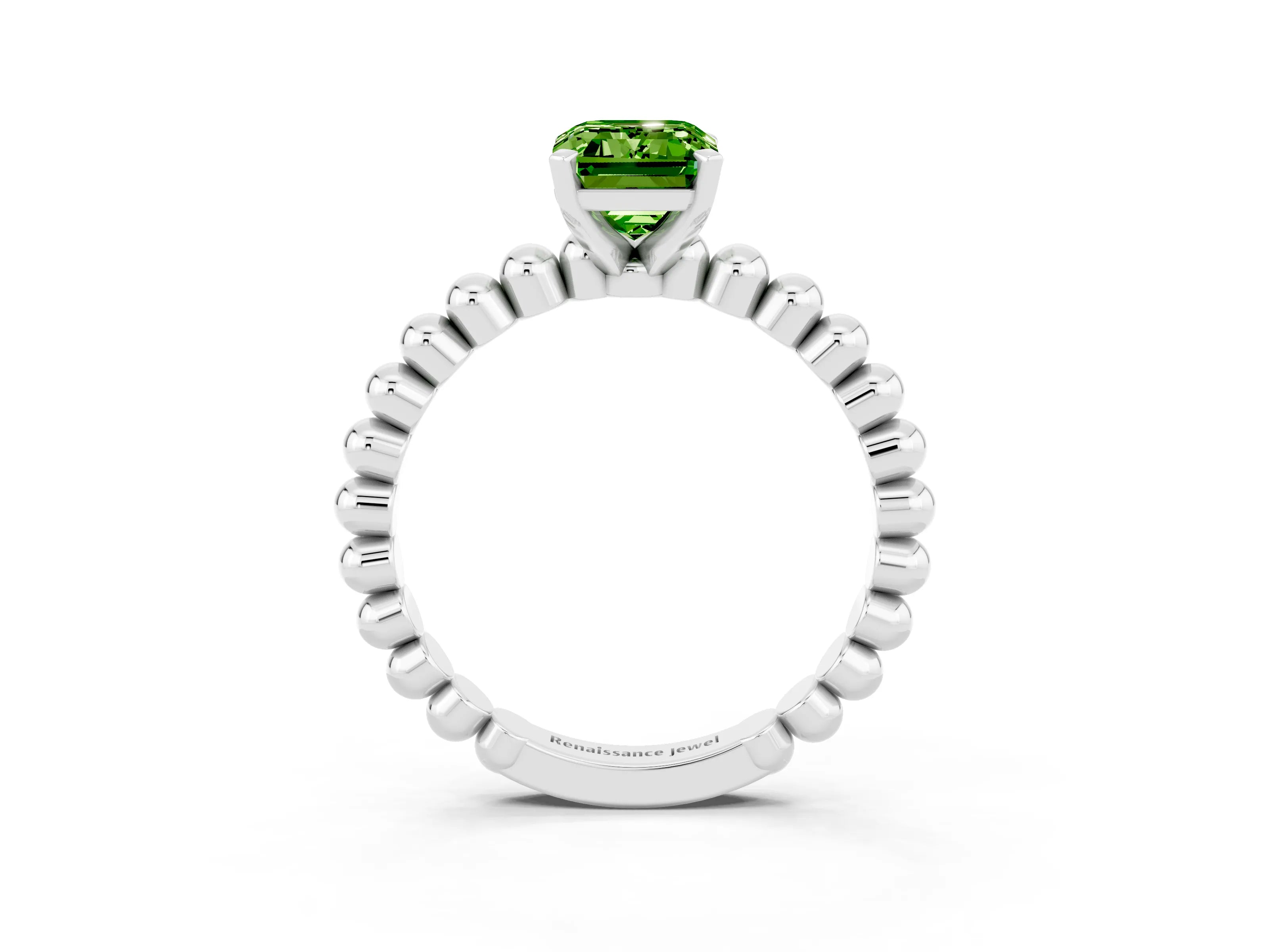White gold Emerald Cut Peridot Solitaire Ring with Beaded Band and Prong Setting_15