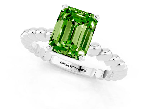 White gold Emerald Cut Peridot Solitaire Ring with Beaded Band and Prong Setting_1