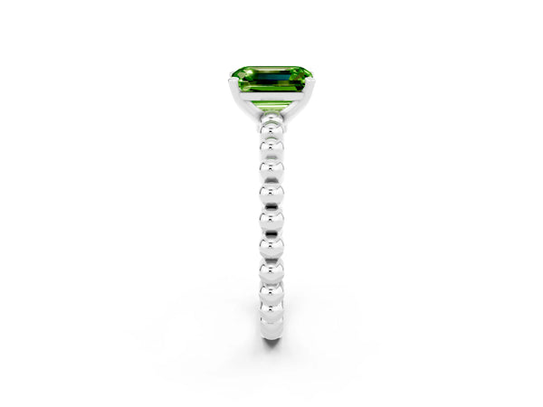 Platinum Emerald Cut Peridot Solitaire Ring with Beaded Band and Prong Setting