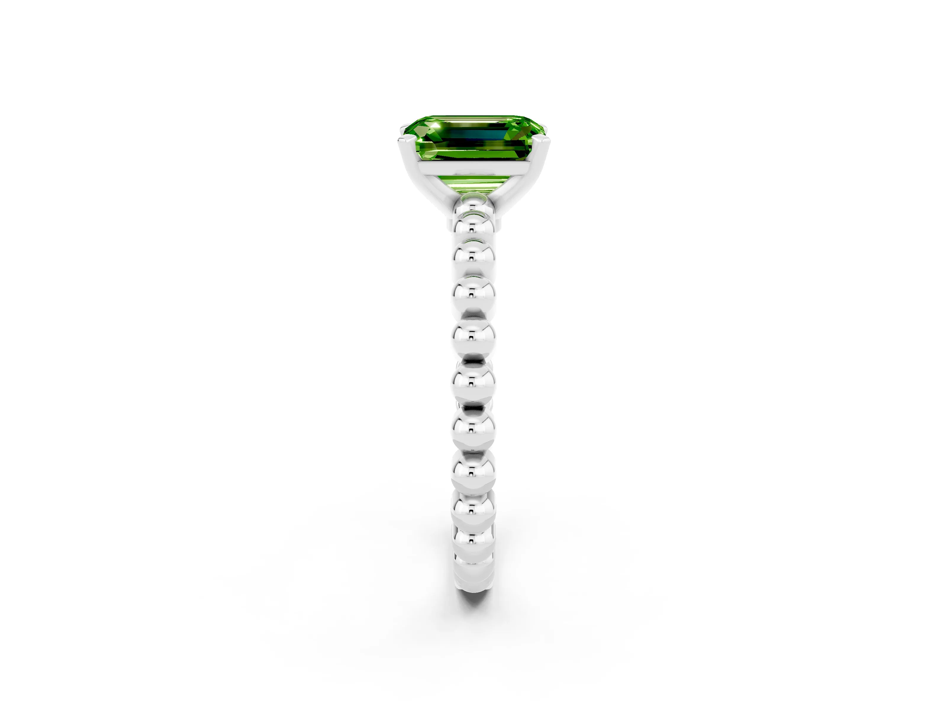 White gold Emerald Cut Peridot Solitaire Ring with Beaded Band and Prong Setting_2