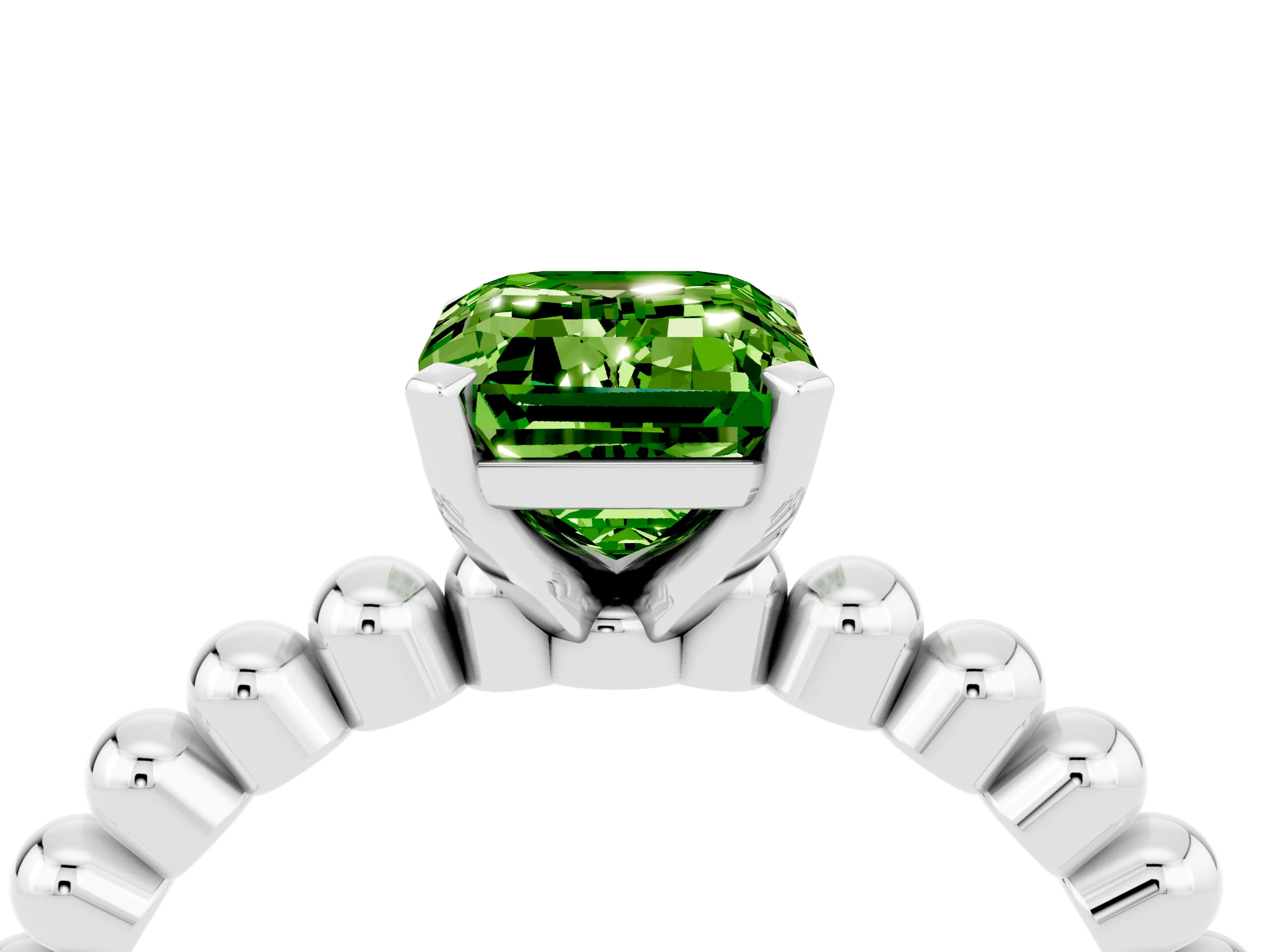 White gold Emerald Cut Peridot Solitaire Ring with Beaded Band and Prong Setting_4