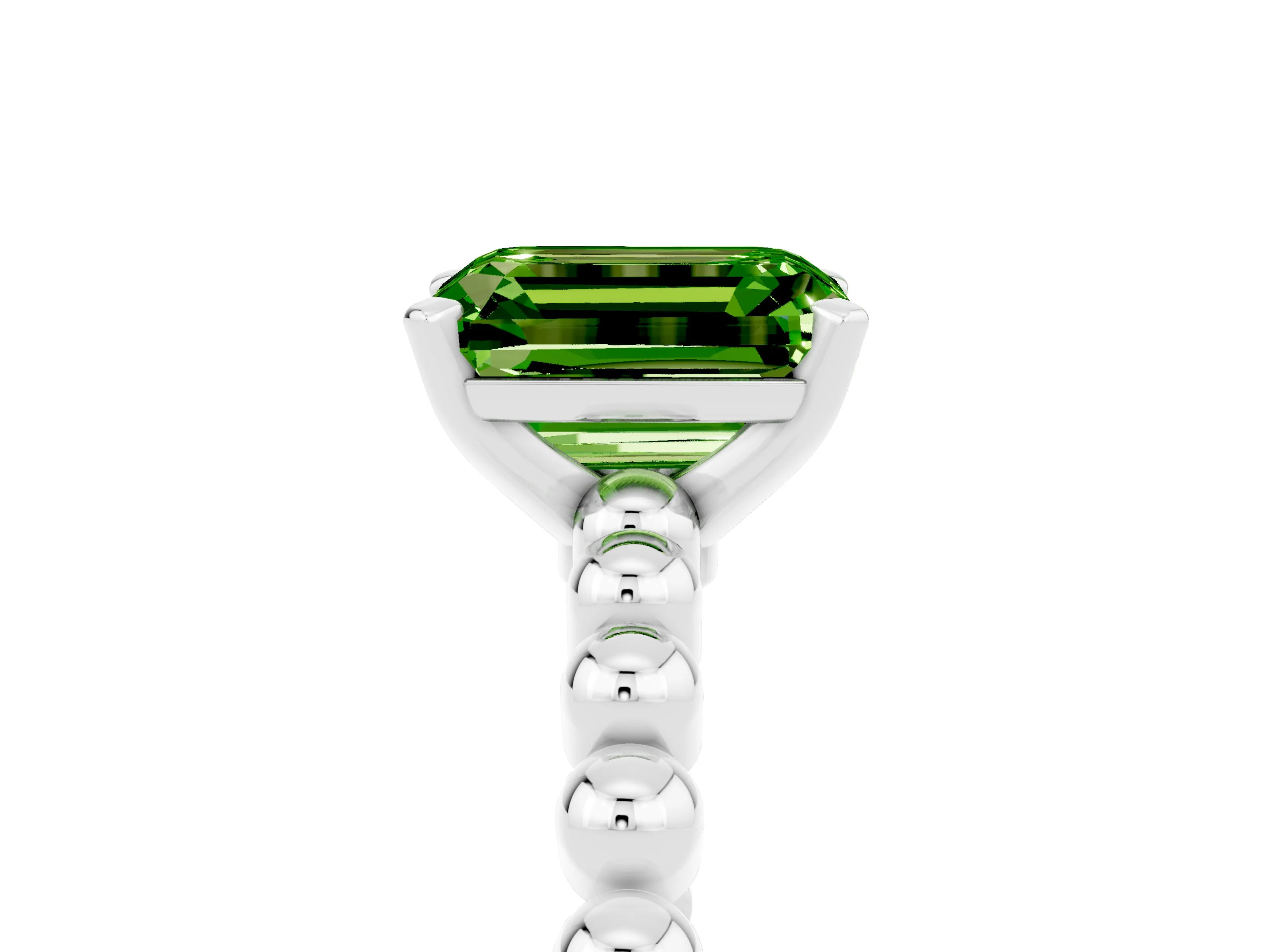 White gold Emerald Cut Peridot Solitaire Ring with Beaded Band and Prong Setting_5