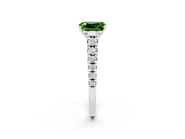 Platinum Emerald Cut Peridot Cathedral Solitaire Ring with Round  Pavé Band