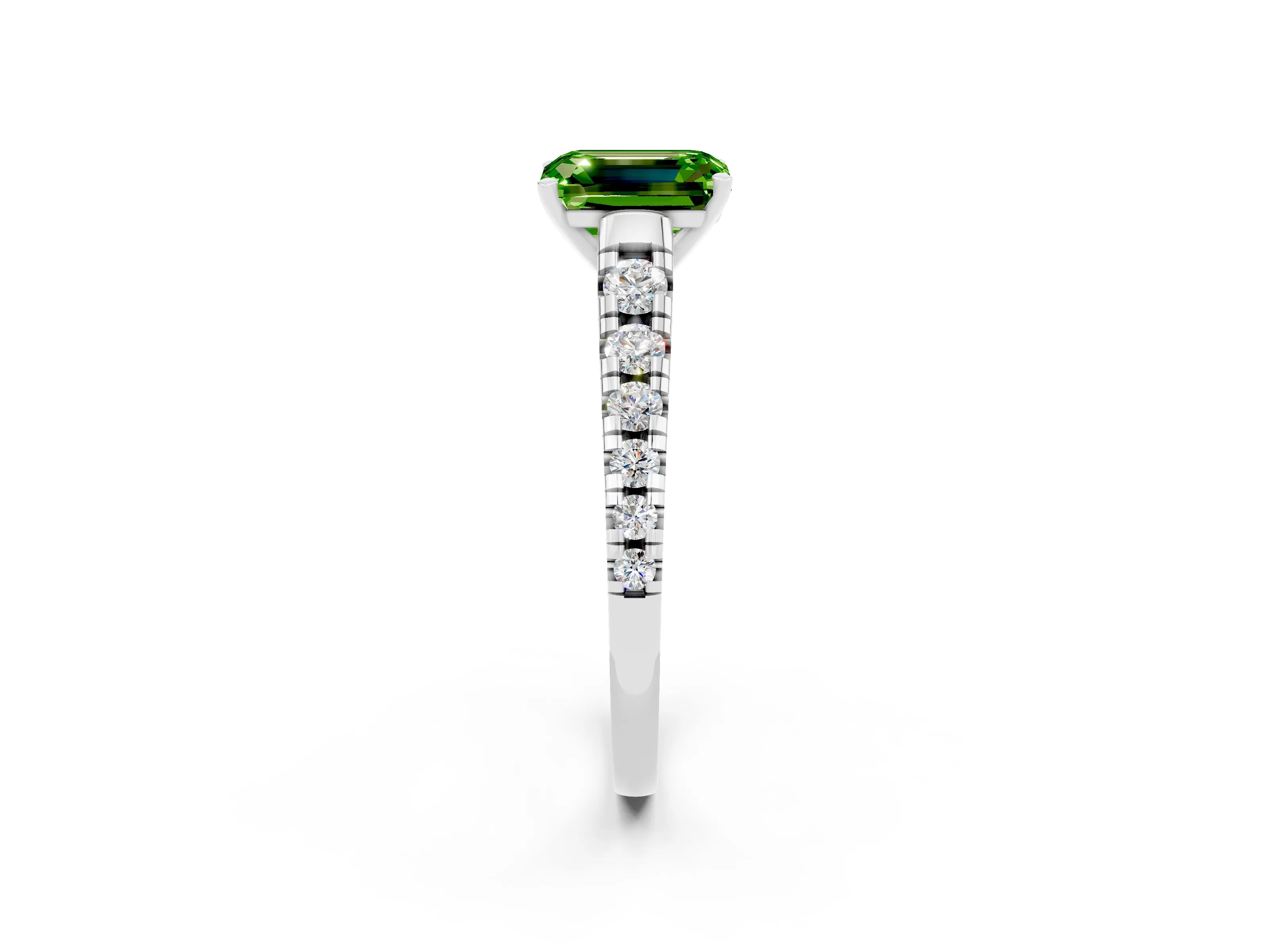 White gold Emerald Cut Peridot Solitaire Ring with Cathedral Setting and Pavé Band_2