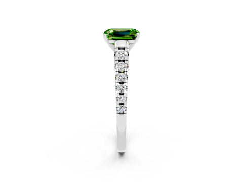 White gold Emerald Cut Peridot Solitaire Ring with Cathedral Setting and Pavé Band_2