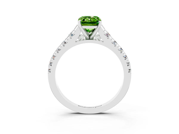 Silver Emerald Cut Peridot Cathedral Solitaire Ring with Round  Pavé Band