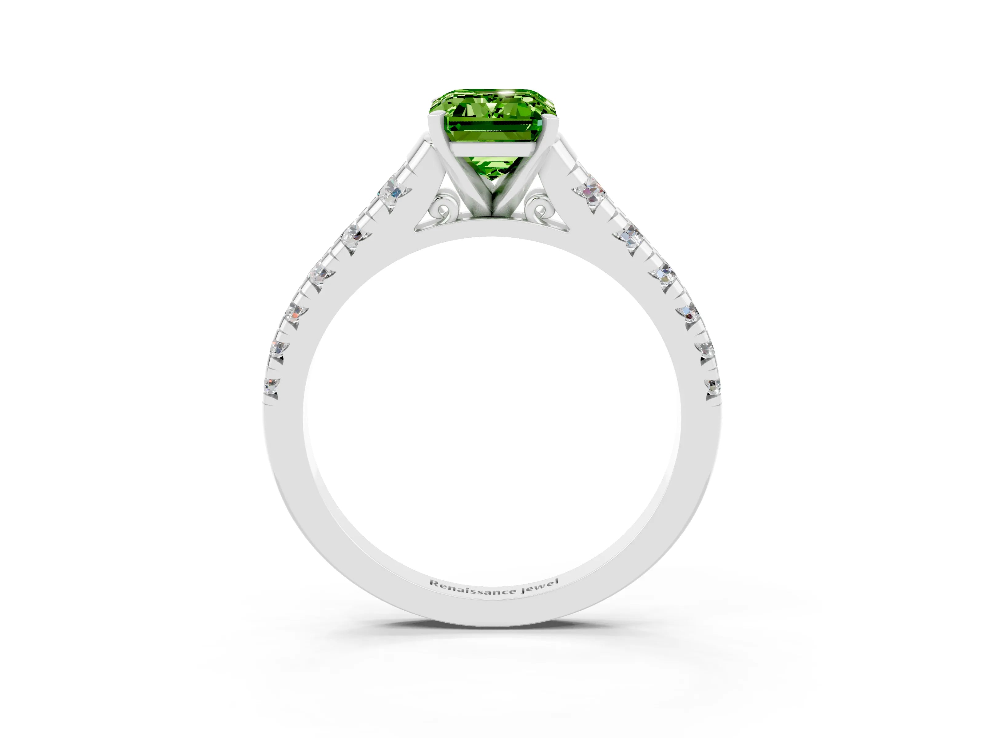 White gold Emerald Cut Peridot Solitaire Ring with Cathedral Setting and Pavé Band_3
