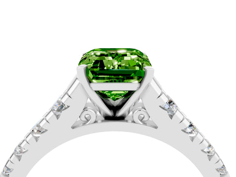 White gold Emerald Cut Peridot Solitaire Ring with Cathedral Setting and Pavé Band_4
