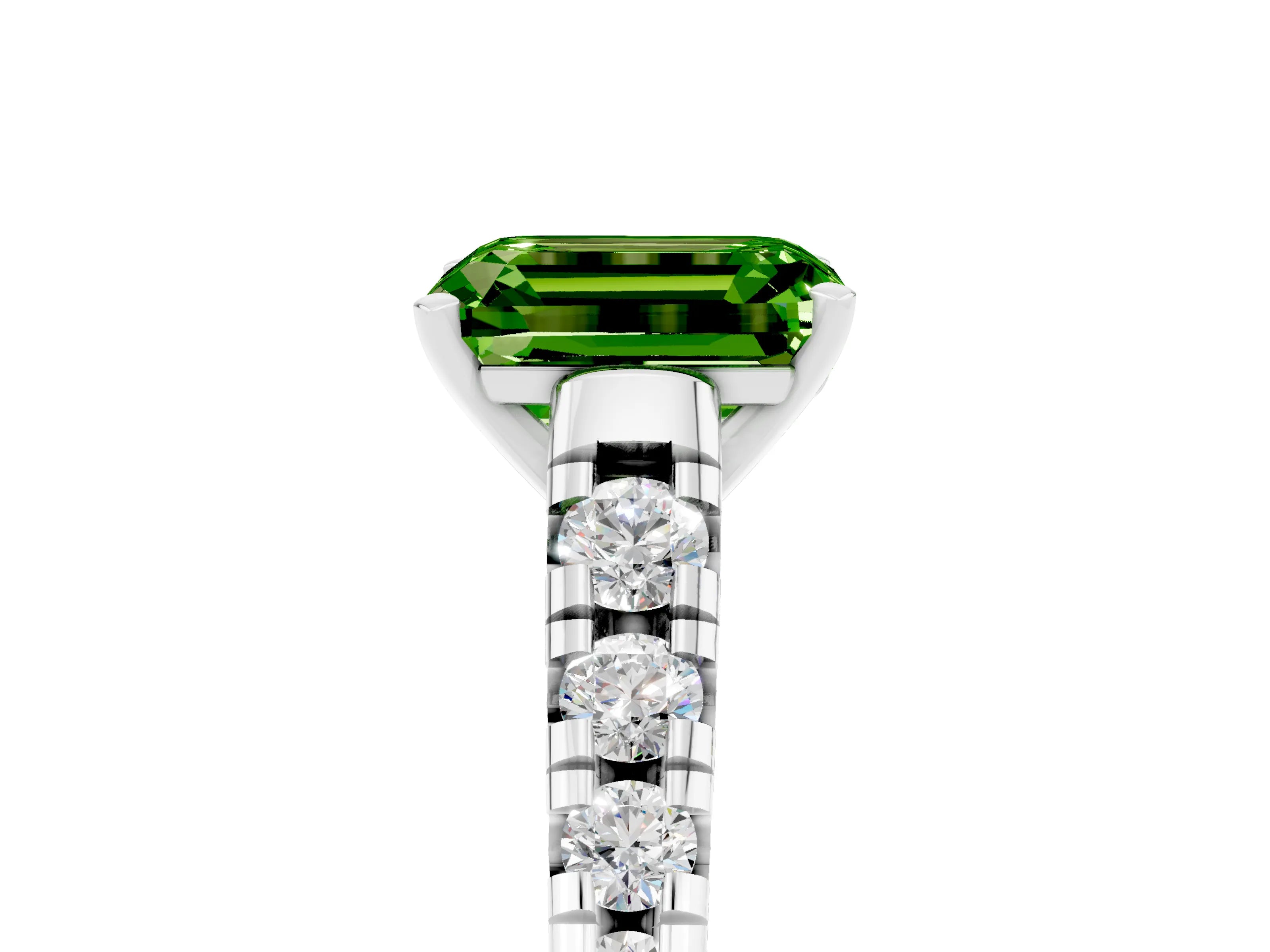 White gold Emerald Cut Peridot Solitaire Ring with Cathedral Setting and Pavé Band_5