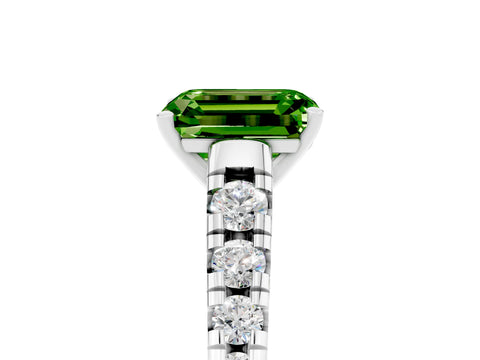 White gold Emerald Cut Peridot Solitaire Ring with Cathedral Setting and Pavé Band_5