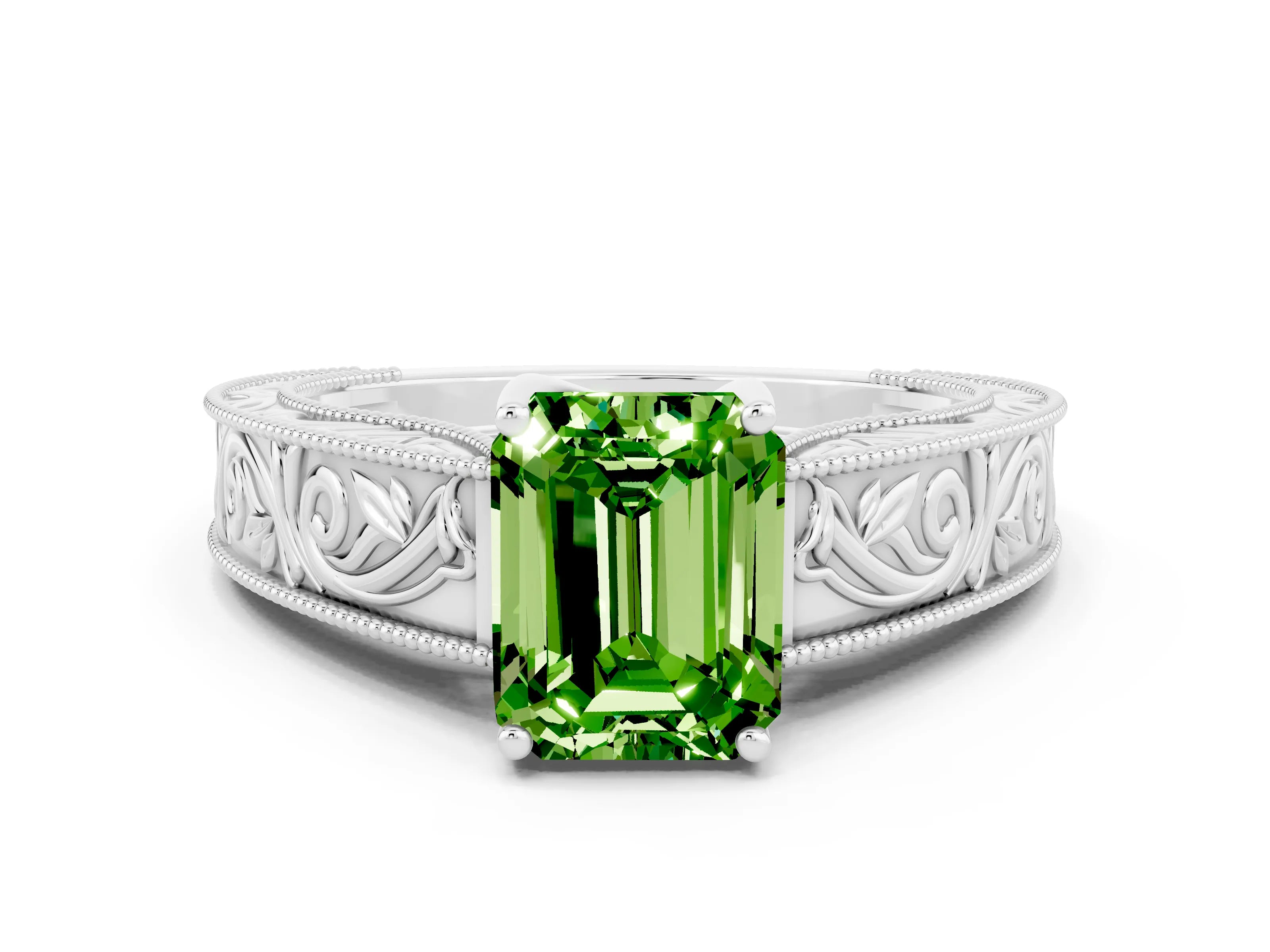 White gold Emerald Cut Peridot Solitaire Ring with Engraved Band and Four-Prong Setting