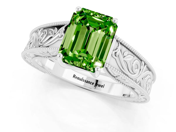 White gold Emerald Cut Peridot Solitaire Ring with Engraved Band and Four-Prong Setting