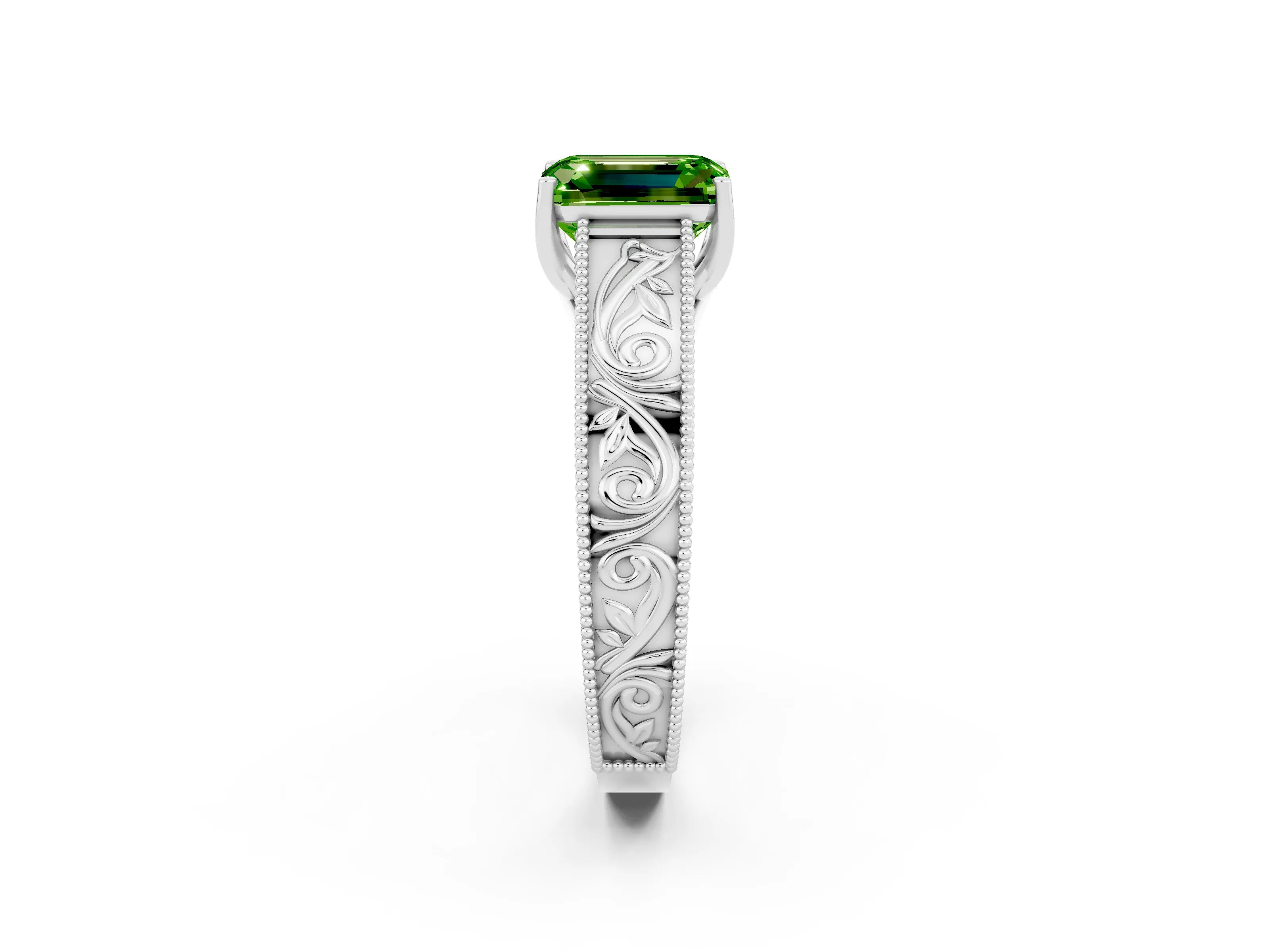 White gold Emerald Cut Peridot Solitaire Ring with Engraved Band and Four-Prong Setting_2