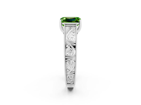 Platinum Emerald Cut Peridot Solitaire Ring with Engraved Band and Four-Prong Setting