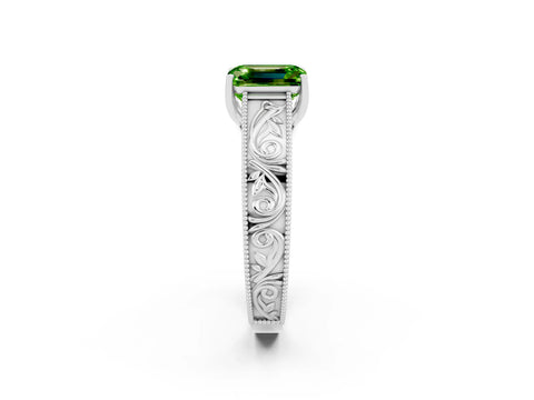 White gold Emerald Cut Peridot Solitaire Ring with Engraved Band and Four-Prong Setting_2
