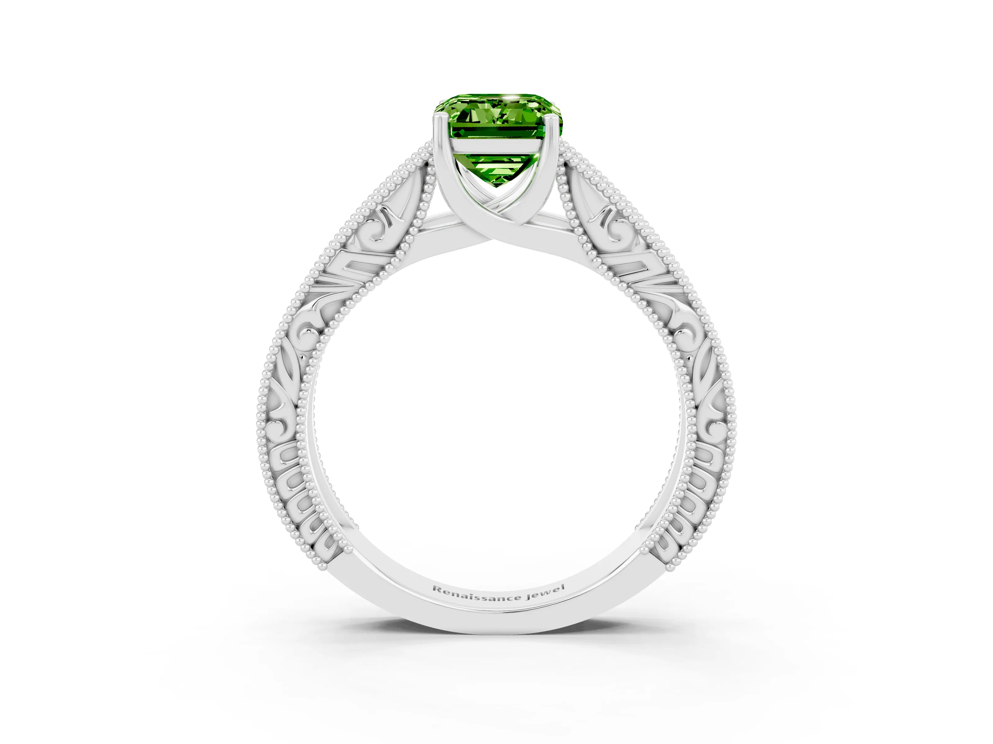 White gold Emerald Cut Peridot Solitaire Ring with Engraved Band and Four-Prong Setting_3