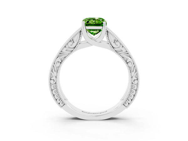 Silver Emerald Cut Peridot Solitaire Ring with Engraved Band and Four-Prong Setting