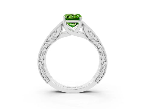 White gold Emerald Cut Peridot Solitaire Ring with Engraved Band and Four-Prong Setting_3
