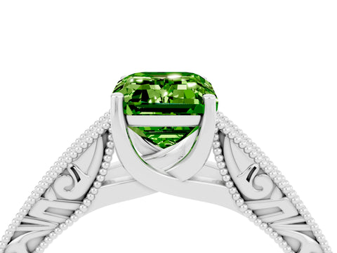 White gold Emerald Cut Peridot Solitaire Ring with Engraved Band and Four-Prong Setting_4