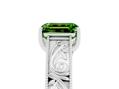 White gold Emerald Cut Peridot Solitaire Ring with Engraved Band and Four-Prong Setting_5