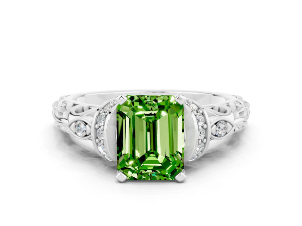 Silver Emerald Cut Peridot Solitaire Ring with Filigree Band and Four-Prong Setting