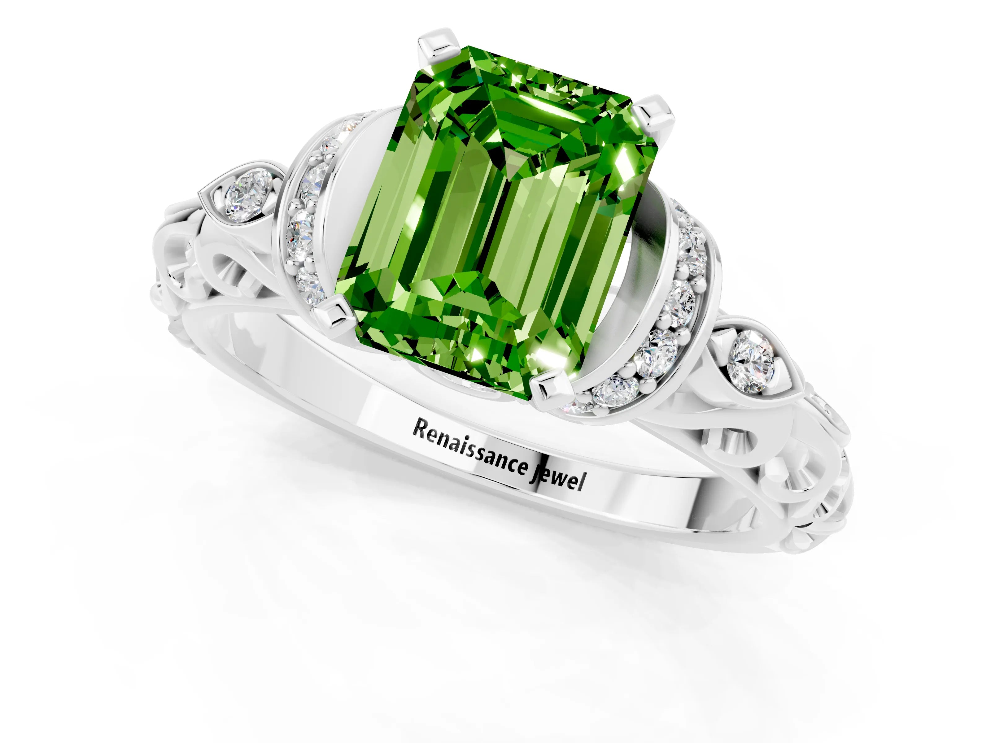 White gold Emerald Cut Peridot Solitaire Ring with Filigree Band and Four-Prong Setting_43