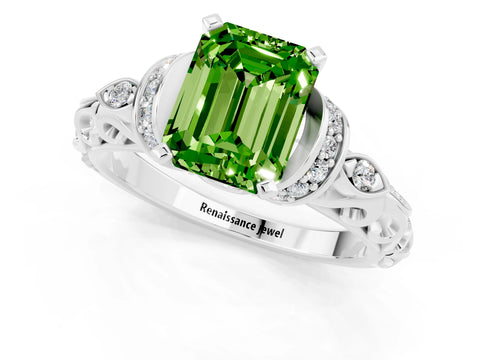 White gold Emerald Cut Peridot Solitaire Ring with Filigree Band and Four-Prong Setting_43