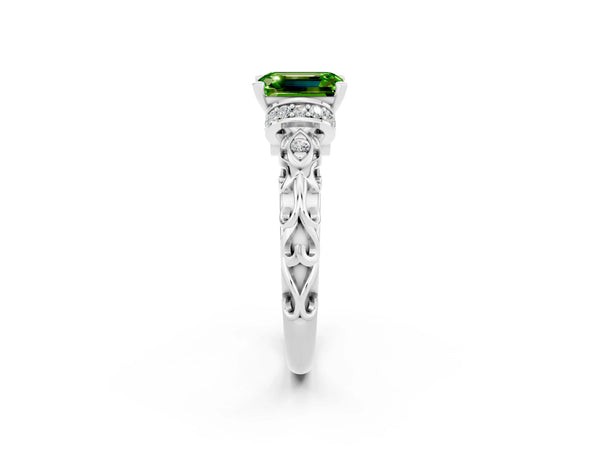 Silver Emerald Cut Peridot Solitaire Ring with Filigree Band and Four-Prong Setting