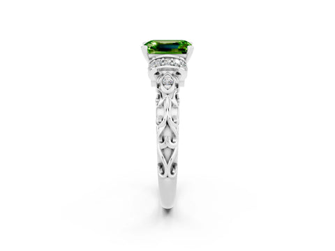 White gold Emerald Cut Peridot Solitaire Ring with Filigree Band and Four-Prong Setting_44
