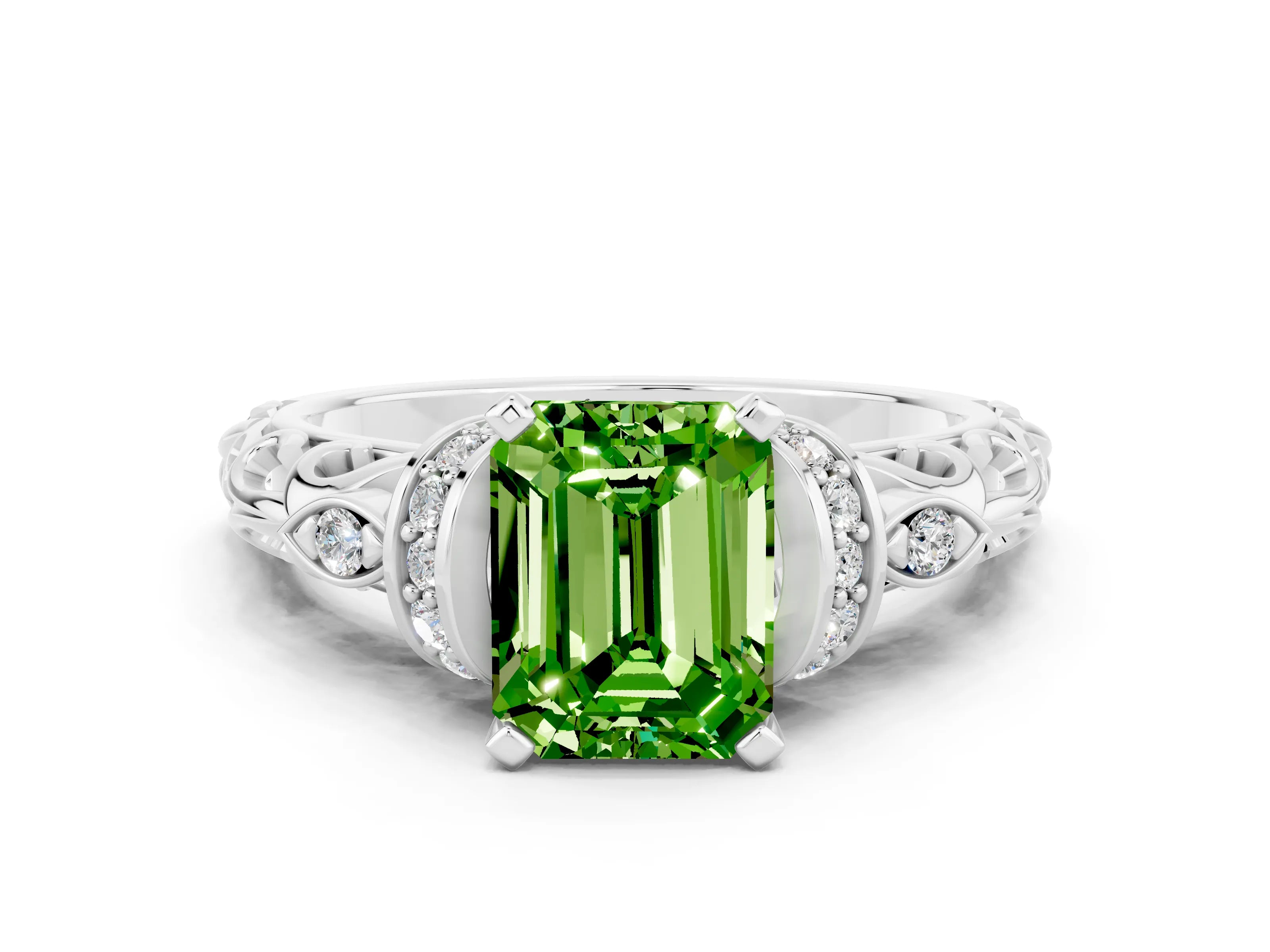 White gold Emerald Cut Peridot Solitaire Ring with Filigree Band and Four-Prong Setting_45