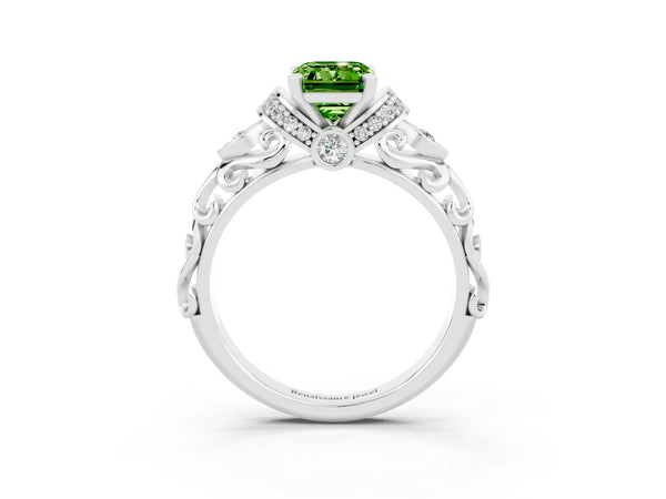 White gold Emerald Cut Peridot Solitaire Ring with Filigree Band and Four-Prong Setting