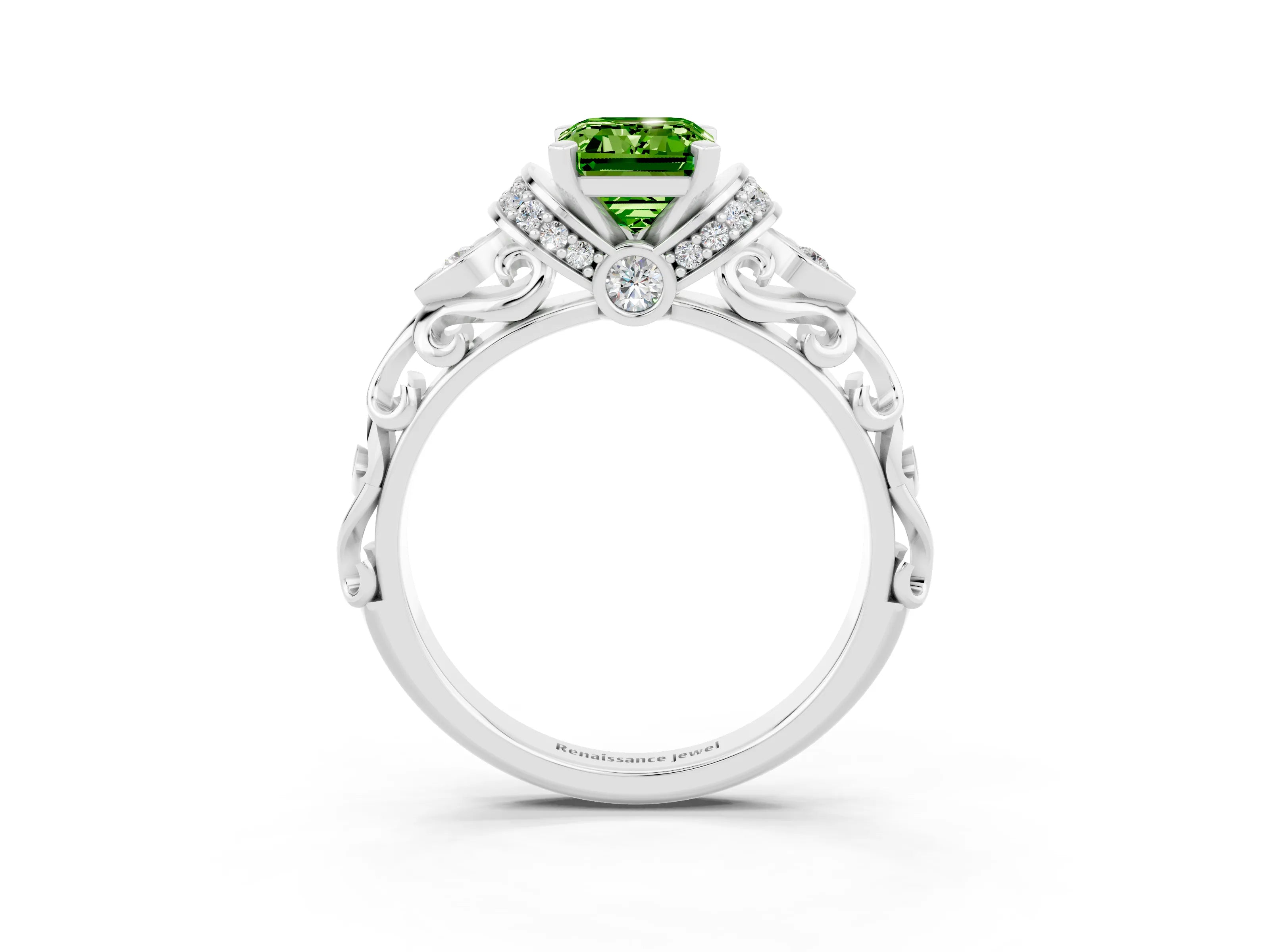 White gold Emerald Cut Peridot Solitaire Ring with Filigree Band and Four-Prong Setting_45