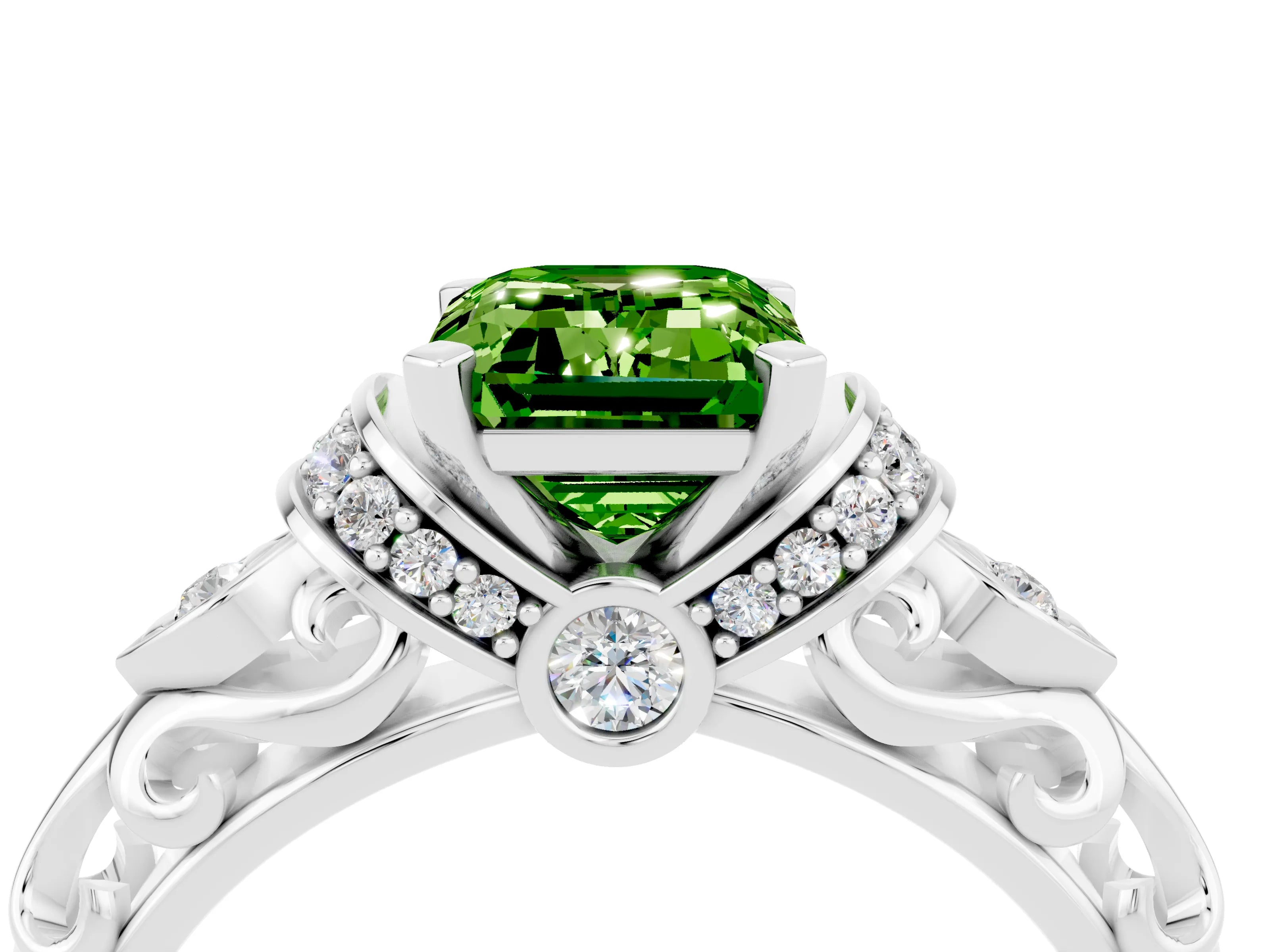 White gold Emerald Cut Peridot Solitaire Ring with Filigree Band and Four-Prong Setting_46
